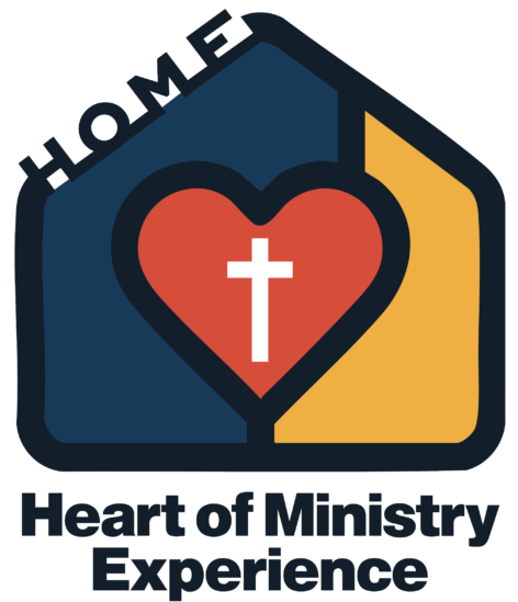 Heart of Ministry Experience logo - outline in the shape of a house with "home" in the top left, a heart with across in the middle on a blue and yellow background. "Heart of Ministry Experience" is at the bottom.
